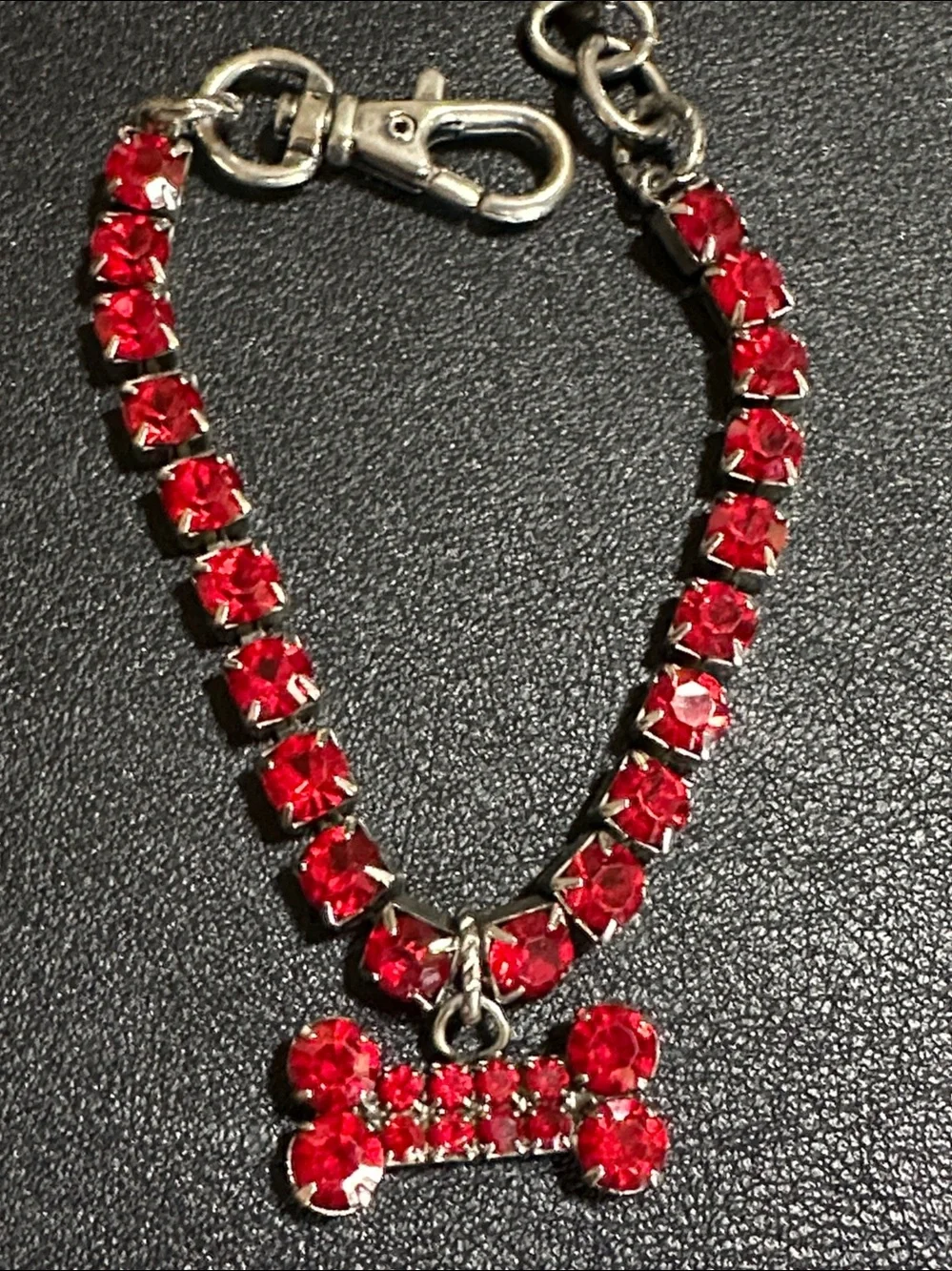 Red Rhinestone Silver Tone Small Dog Collar With Dangling Red Charm